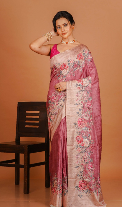 SEMI TUSSAR EMBROIDERY SAREE